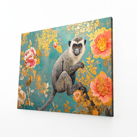 Gilded Floral Wallpaper Monkey Wall Decor – angled canvas view on white background