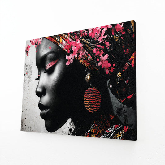 Gilded Headwrap Portrait Cherry Blossom Canvas Art – angled canvas view on white background