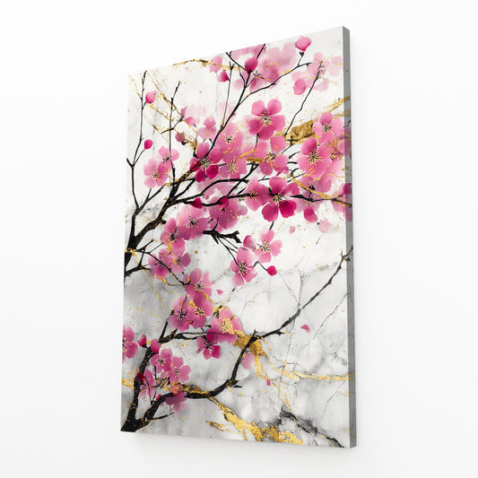 Gilded Petal Spray Cherry Blossom Prints – angled canvas view on white background