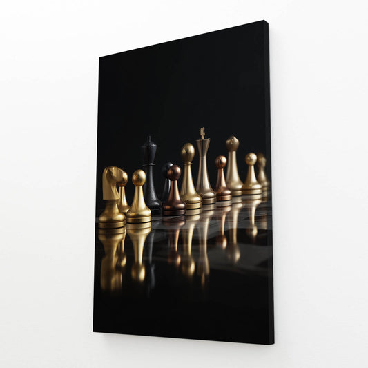 Gilded Piece Row Chess Art – angled canvas view on white background