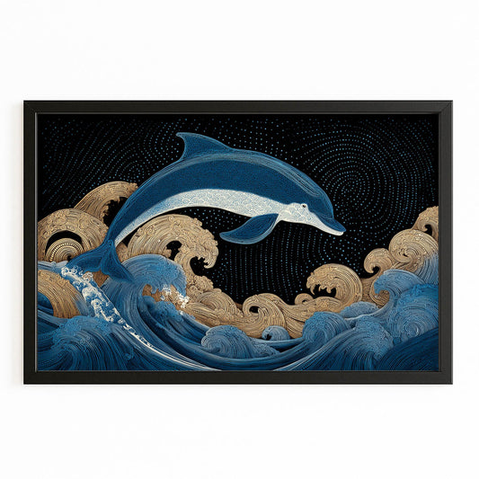 Gilded Wave Dolphin Wall Decor – with Premium Black wood frame on white background