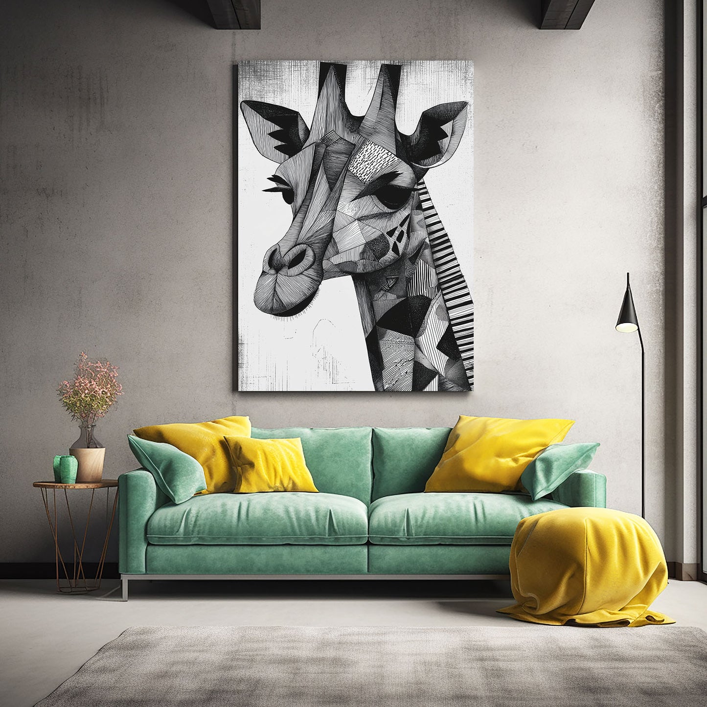Living room with a green sofa, yellow cushions, and a giraffe painting on the wall.