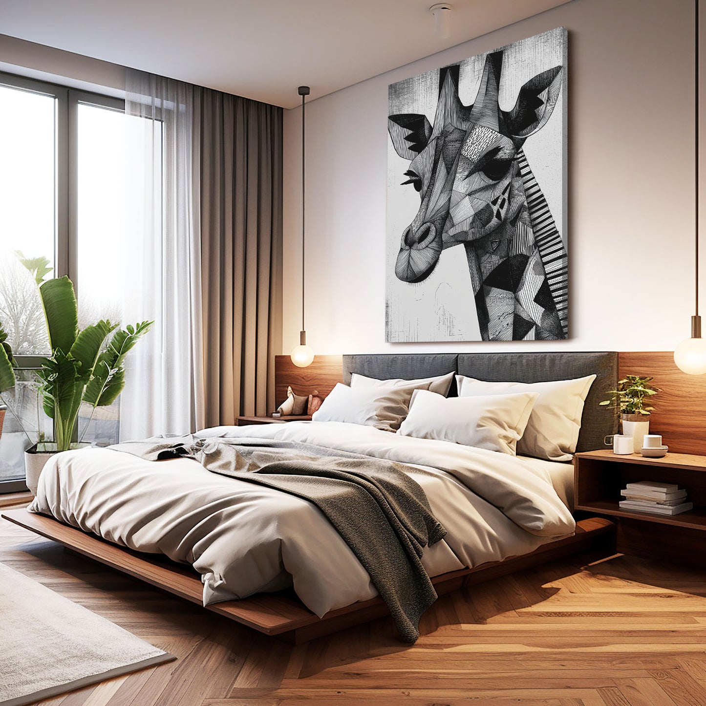 Modern bedroom with a large bed, nightstands, and a wall art of a giraffe.