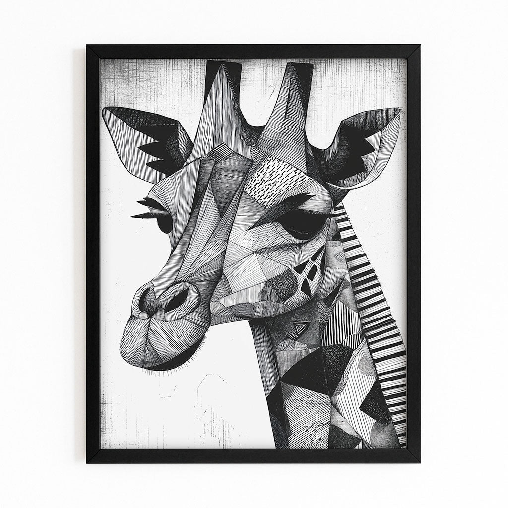 Framed black and white geometric giraffe art print on a white background
