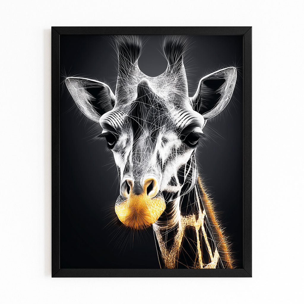 Framed artwork of a giraffe's face with a black background