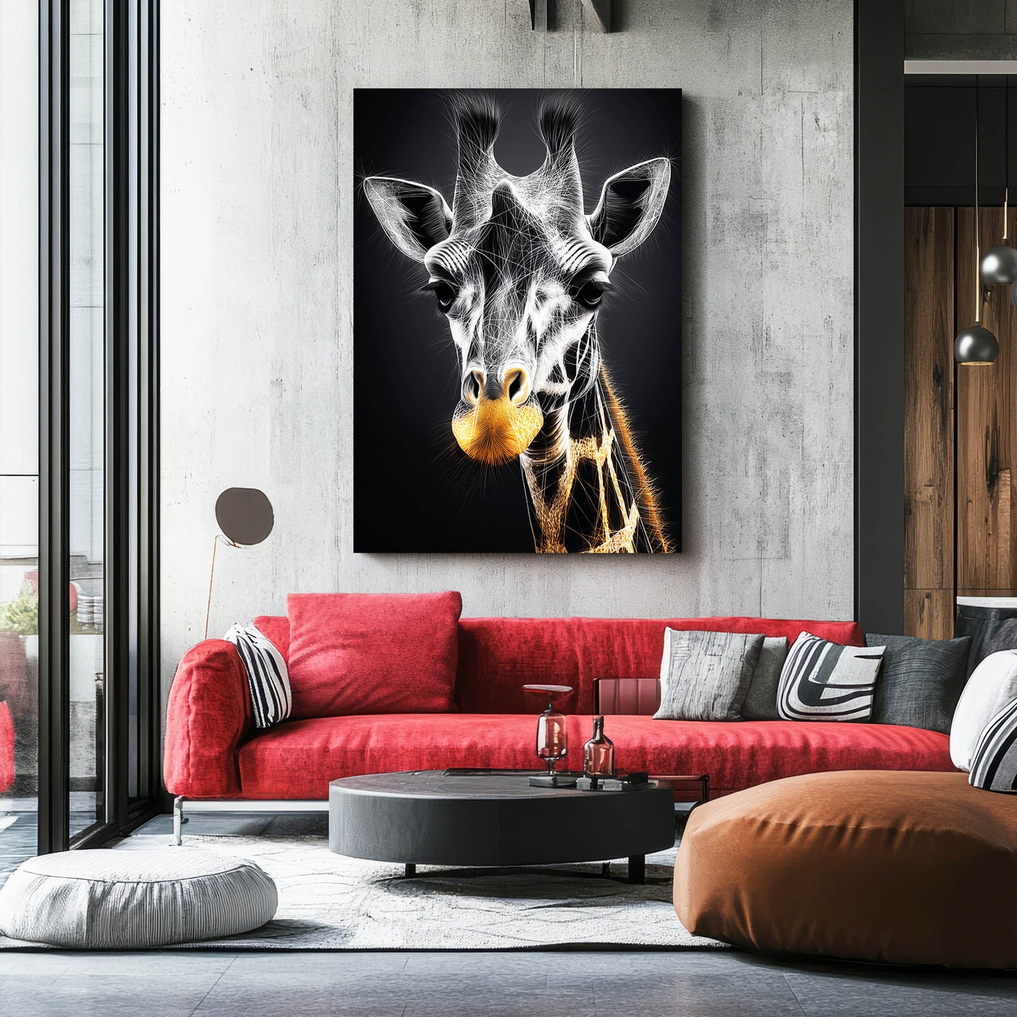 Living room with a red sofa, coffee table, and a large framed picture of a giraffe on the wall.
