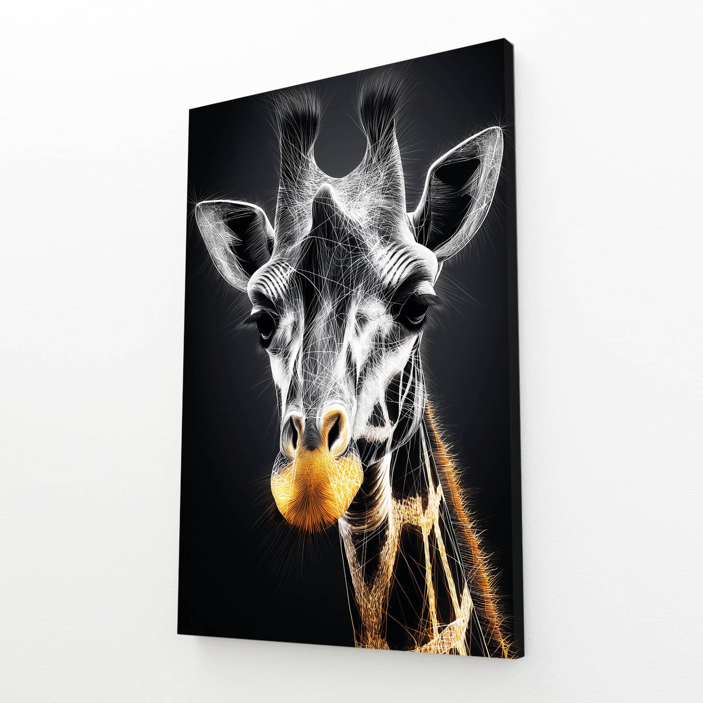 Canvas print of a giraffe's face with a black and white design on a black background