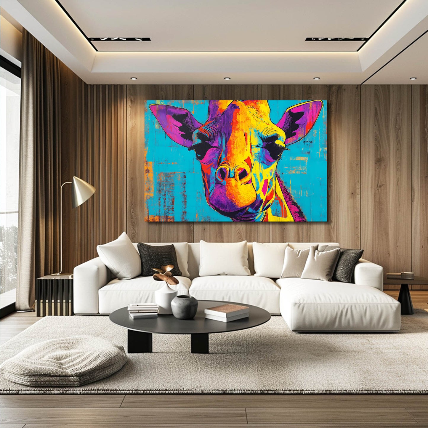 Modern living room with a colorful abstract painting of a cow on the wall.