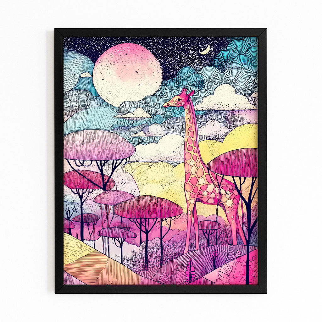 Colorful illustration of a giraffe in a forest with stylized trees and sky.