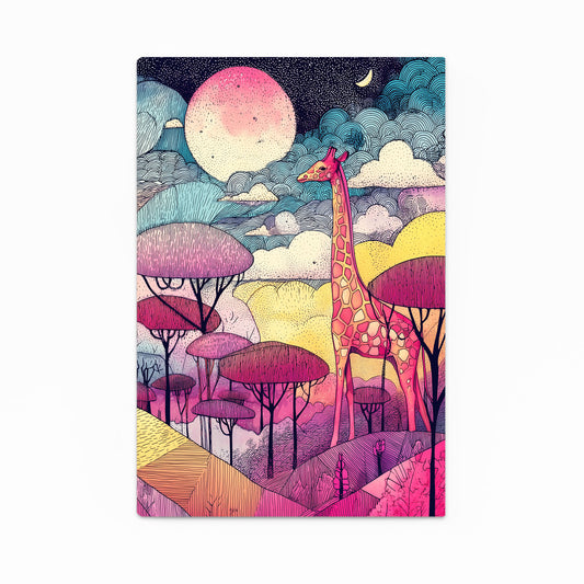 Colorful illustration of a giraffe in a fantasy landscape with trees and a moonlit sky.