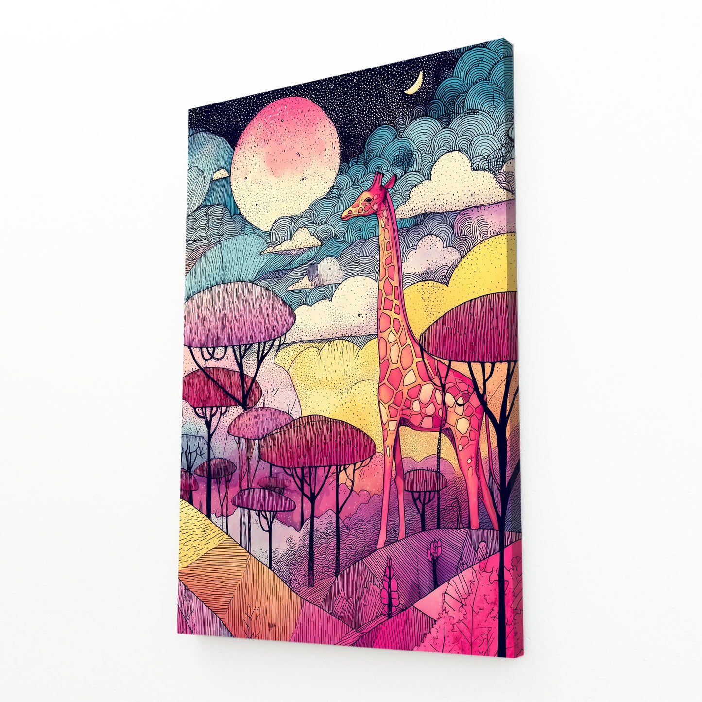 Colorful artwork of a giraffe in a forest with abstract trees and sky.