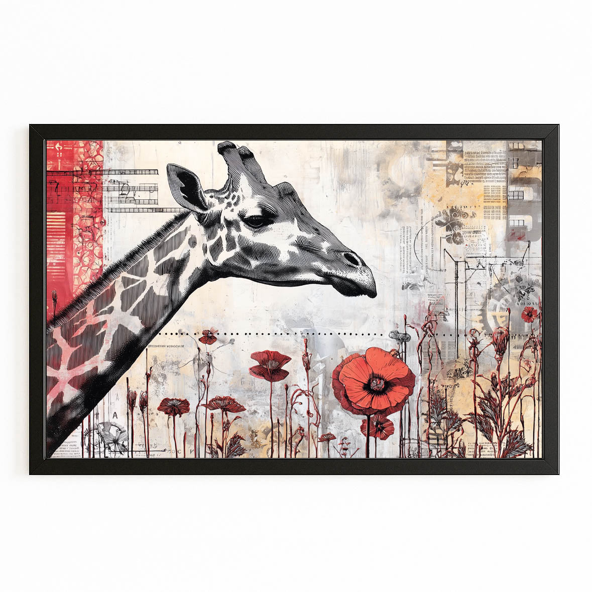 Framed artwork with a giraffe and floral design on a textured background