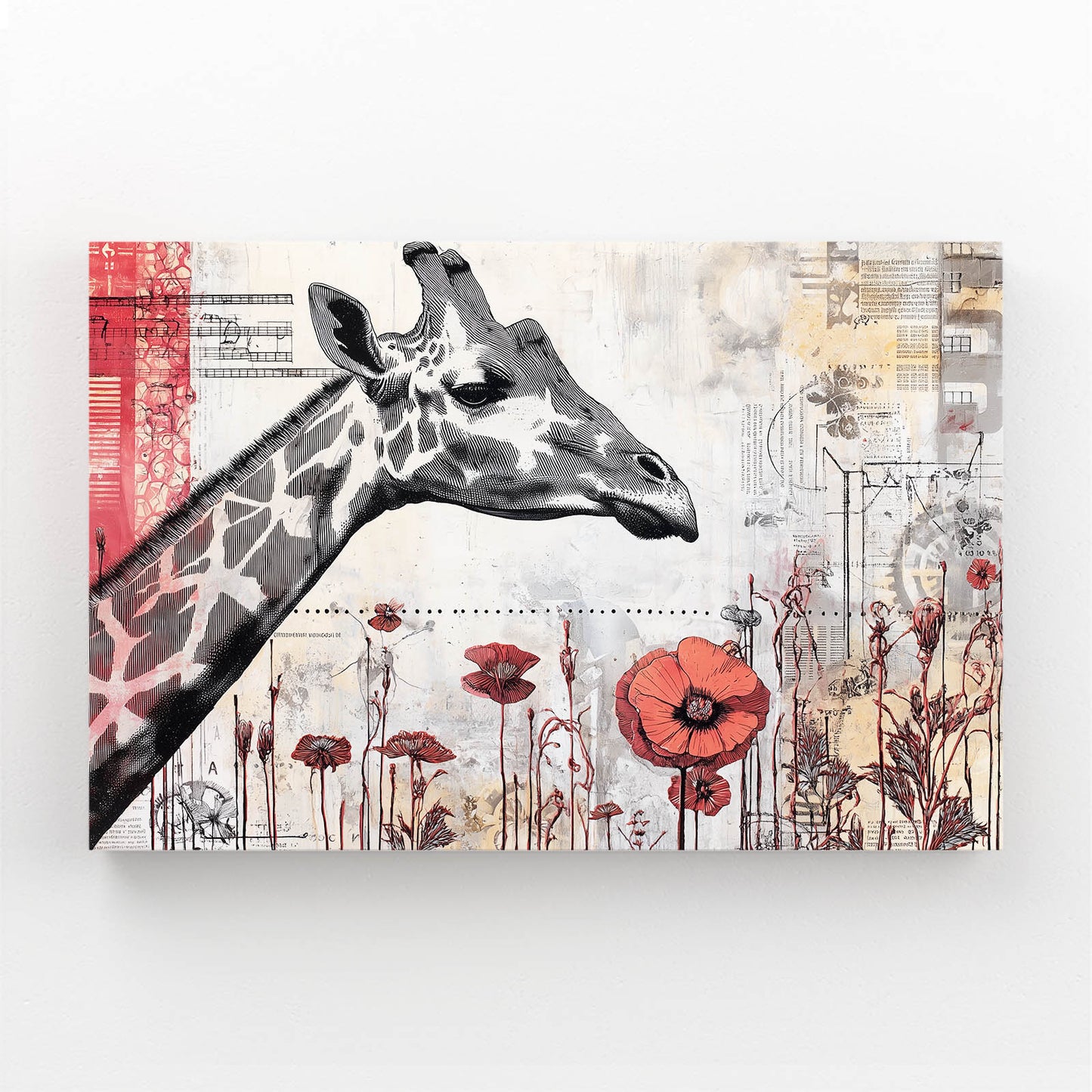 Canvas print with a giraffe and floral design on a textured background