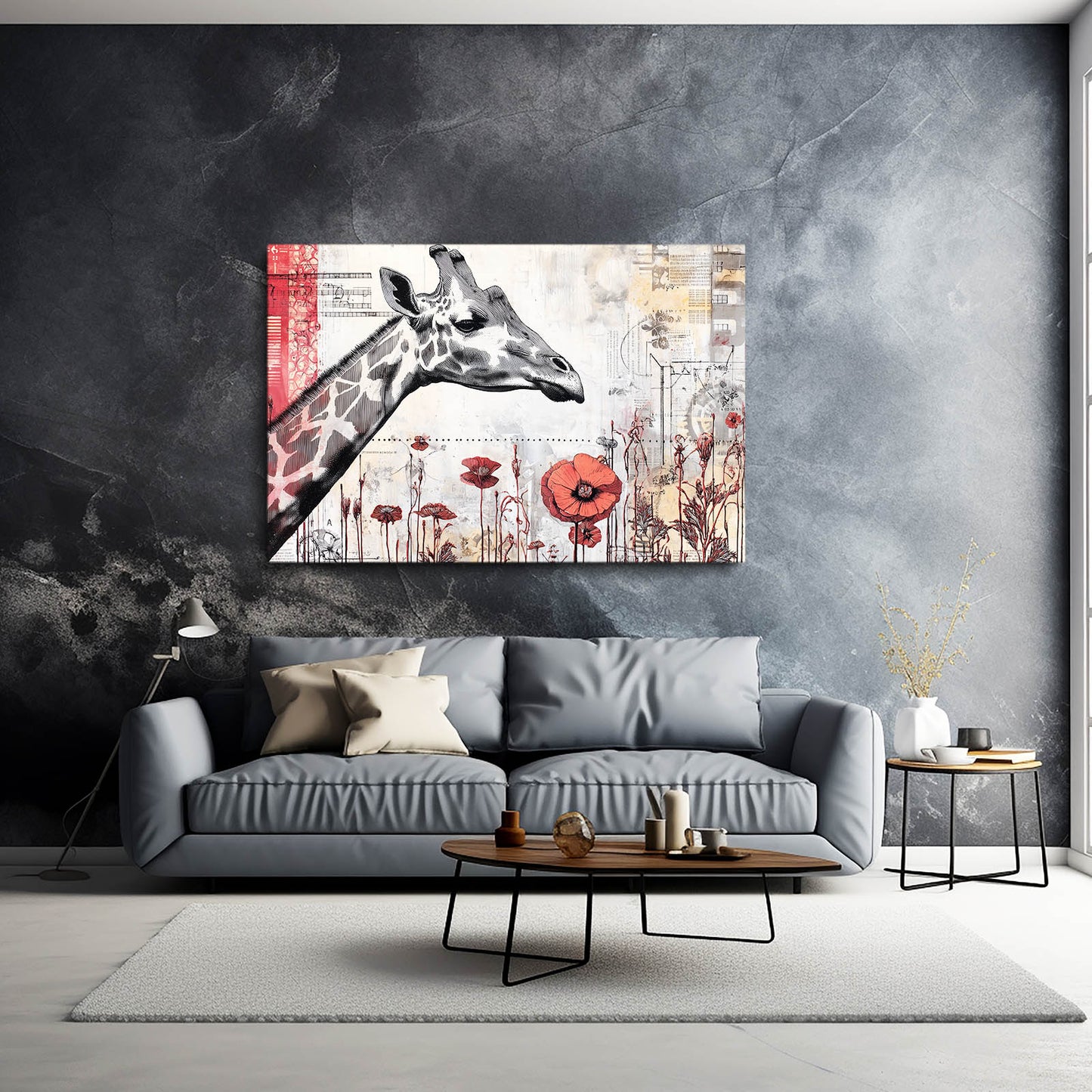 Living room with a gray sofa, coffee table, and decorative wall art featuring a giraffe and floral elements.