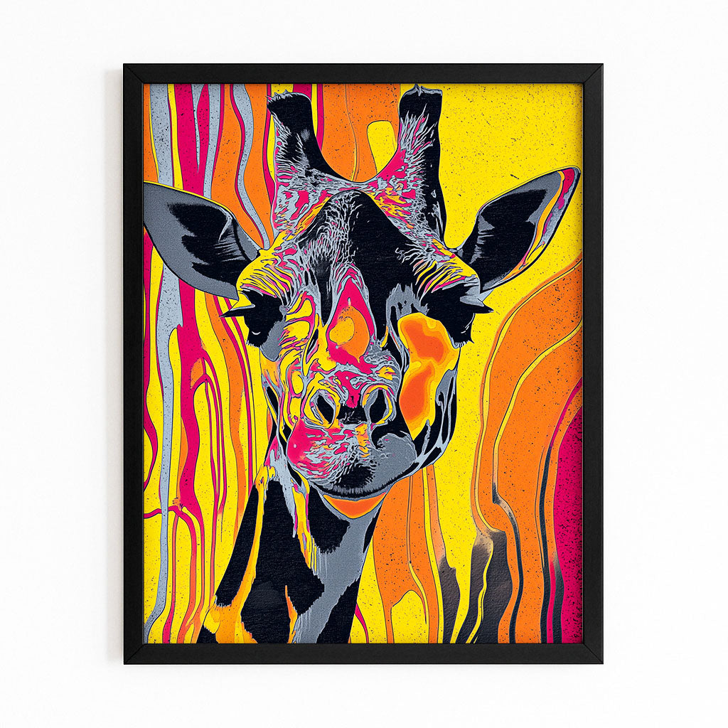Framed artwork of a giraffe with a colorful abstract design on a white background