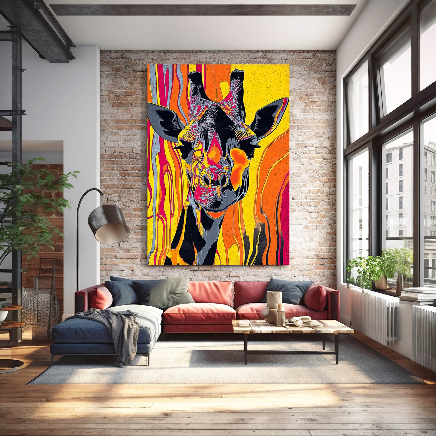 Modern living room with a colorful giraffe painting on a brick wall.