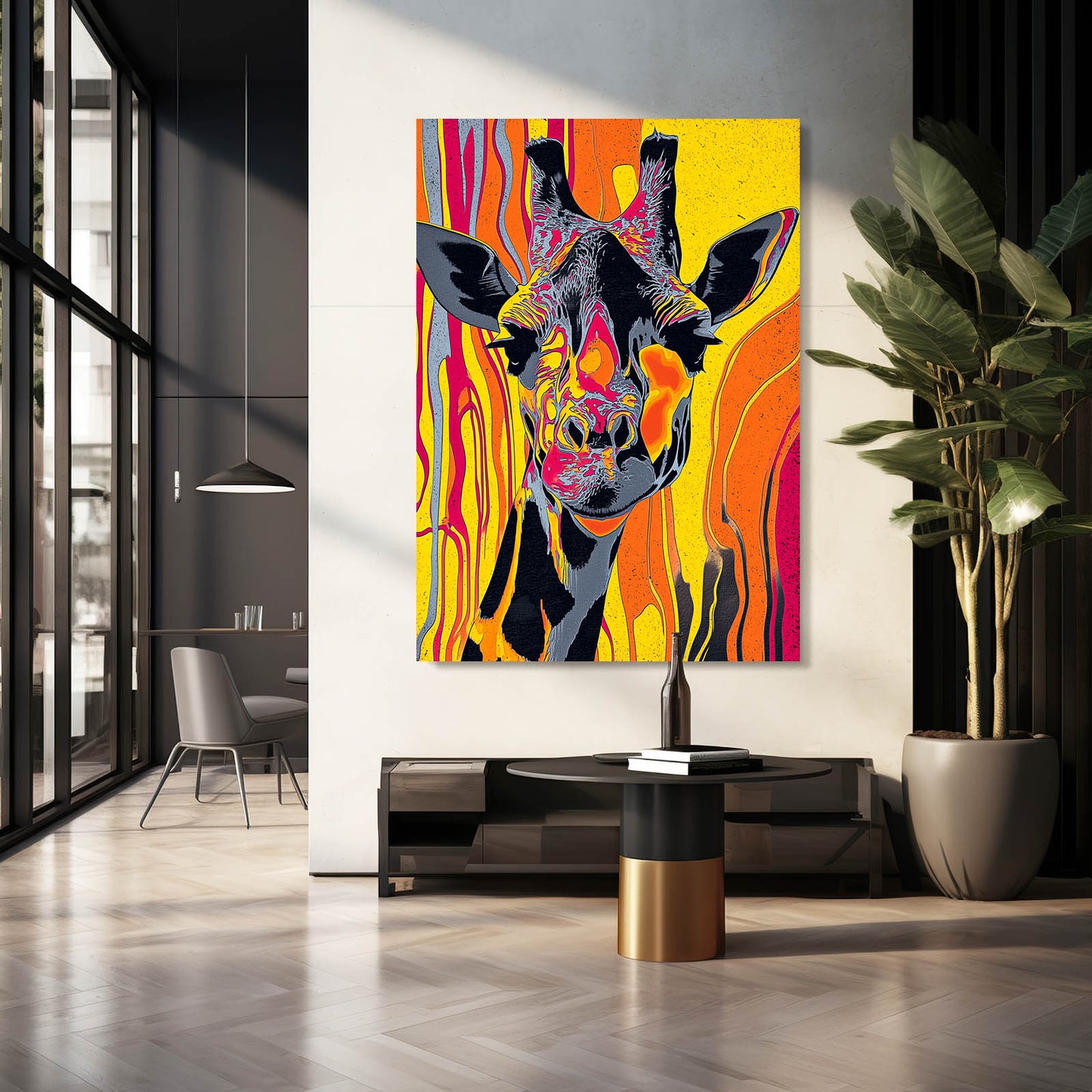 Modern interior with a colorful abstract giraffe painting on the wall.