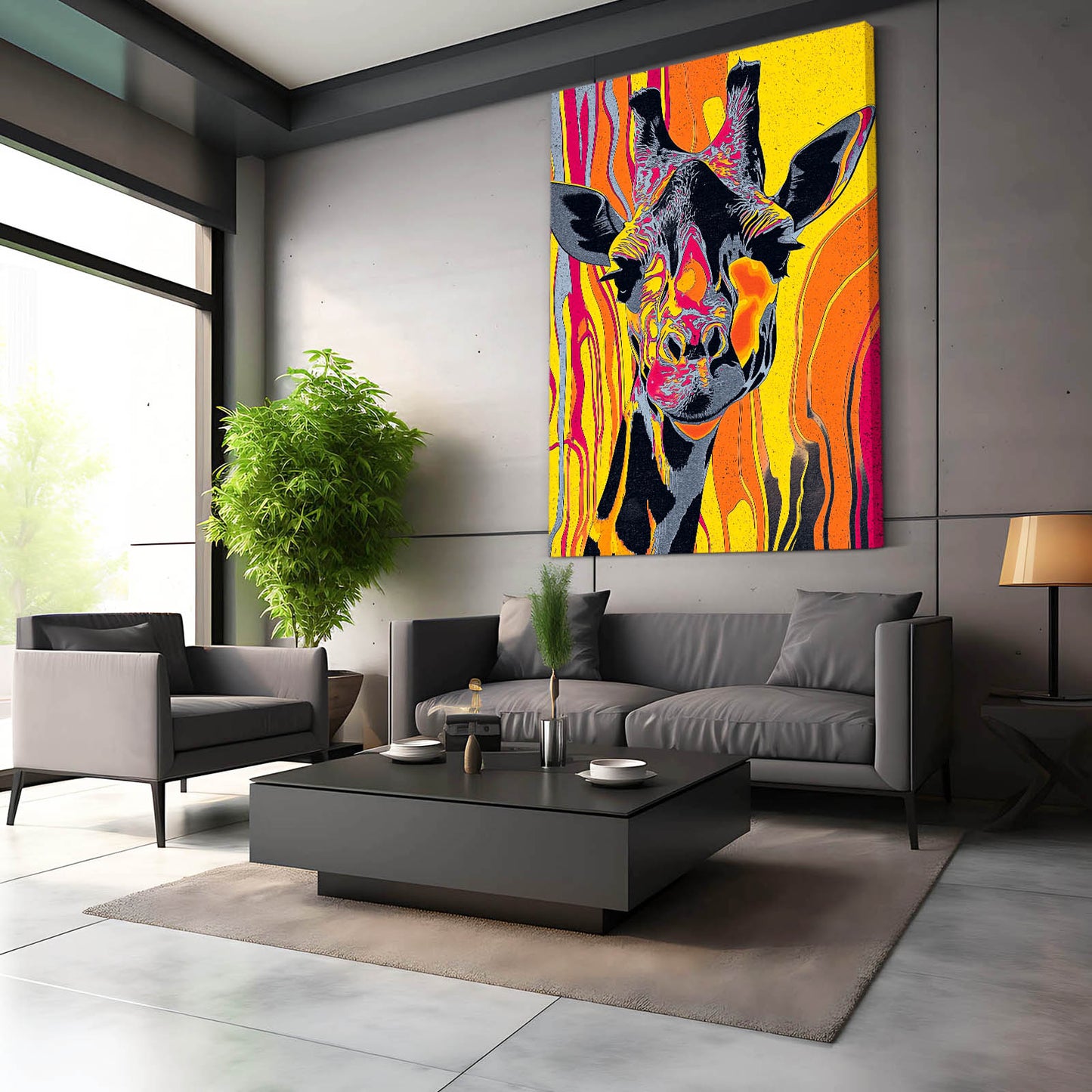 Modern living room with a colorful giraffe painting on the wall.