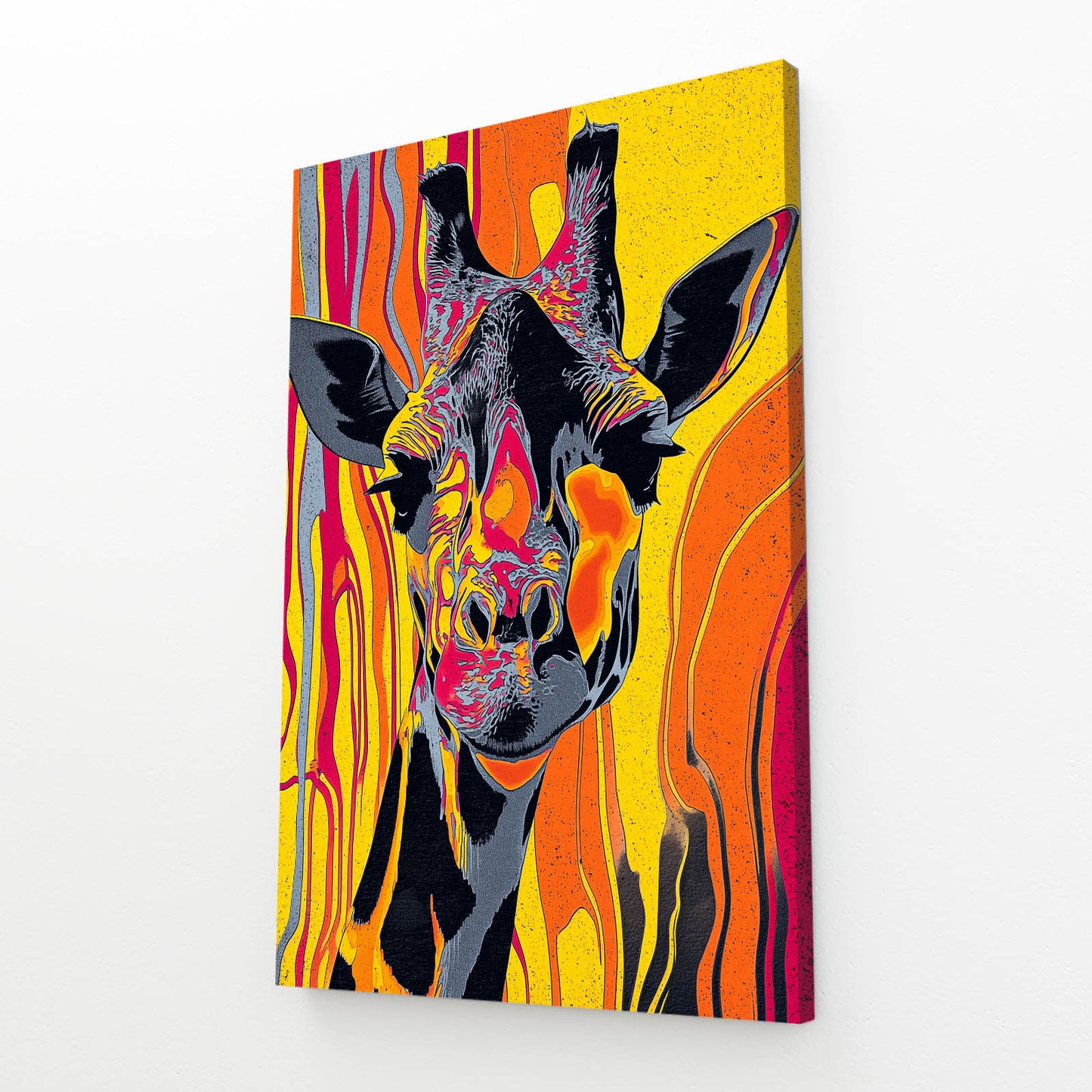 Colorful abstract giraffe painting on a yellow background