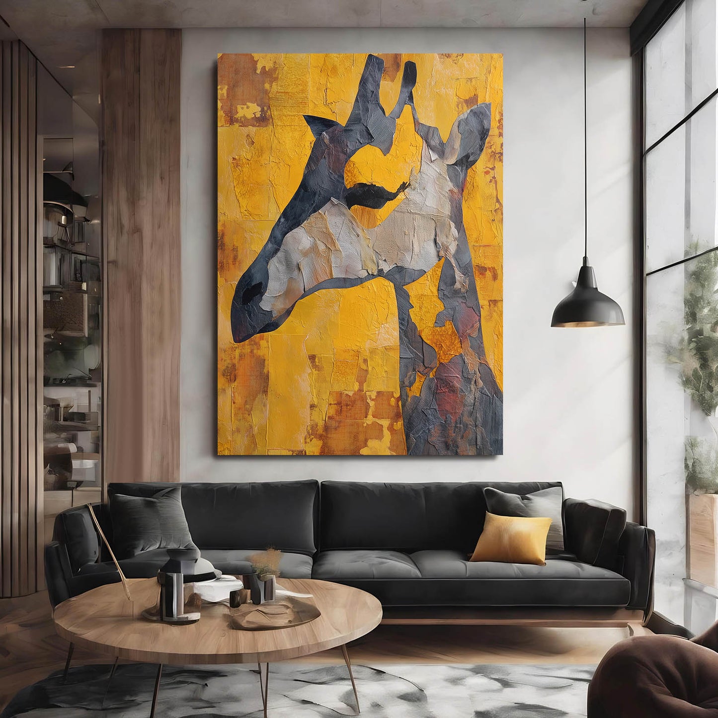 Modern living room with a large abstract painting above a black sofa.