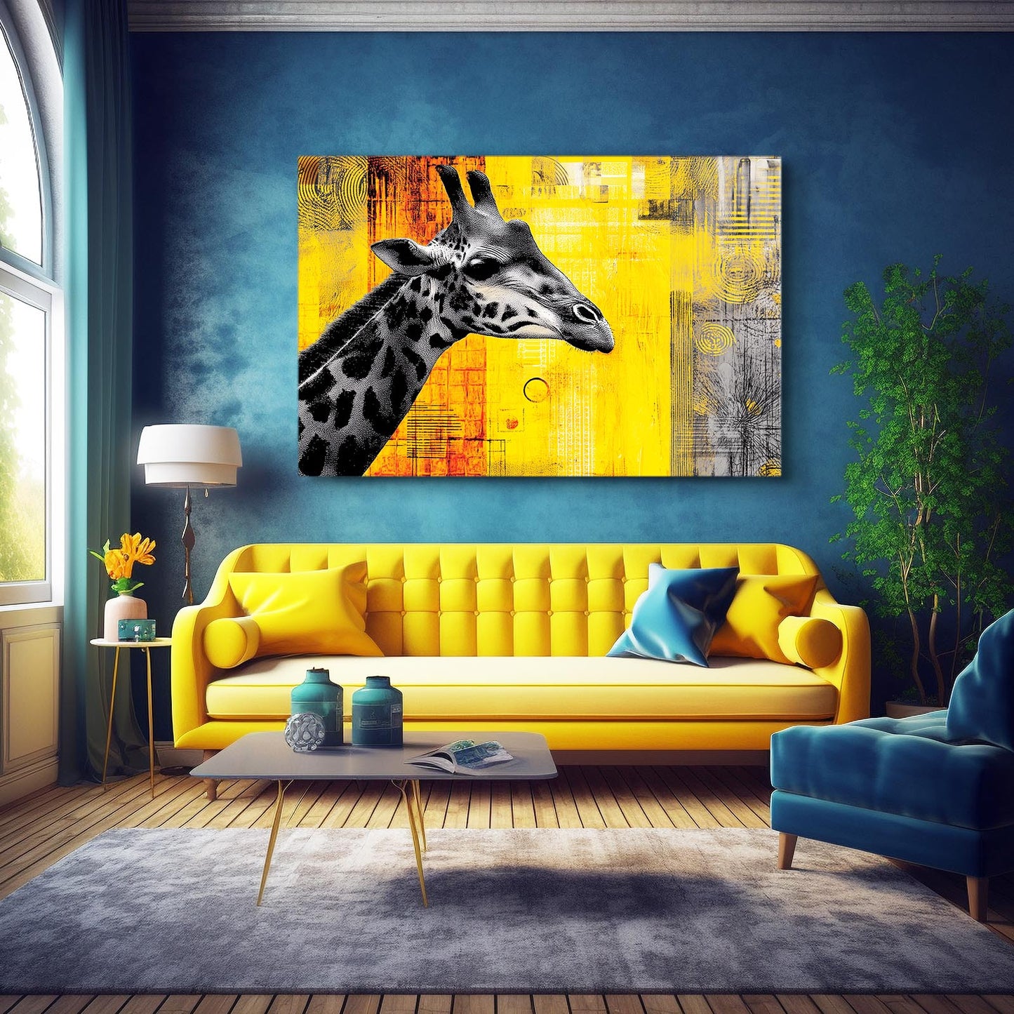 Modern living room with a yellow sofa, blue armchair, and abstract giraffe painting on the wall.