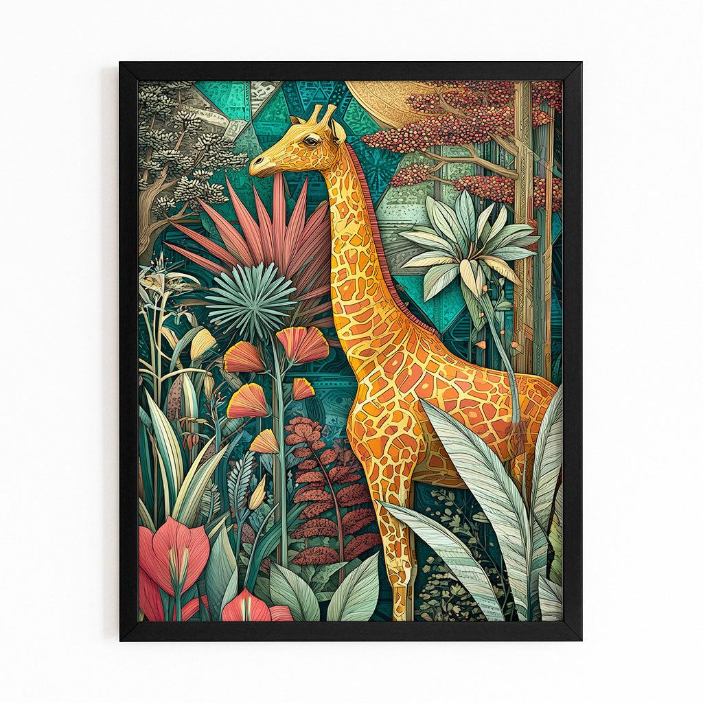 Framed artwork of a giraffe in a jungle setting with vibrant colors.