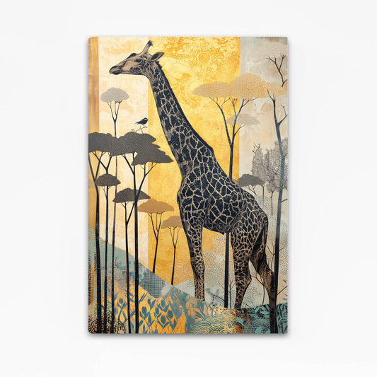 Giraffe illustration on a decorative panel with trees and abstract patterns