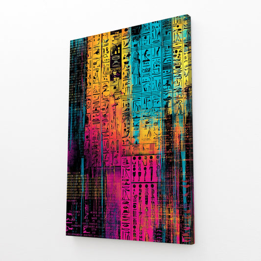 Glitch Hieroglyph Abstract Egyptian Canvas Art – angled canvas view on white background