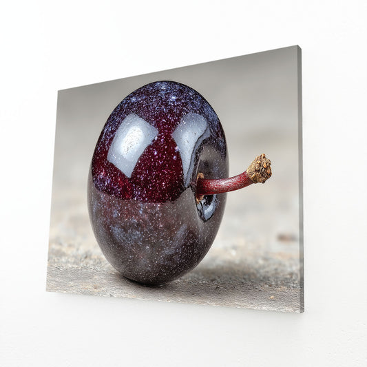 Glossy Dark Plum Fruit Wall Decor – angled canvas view on white background