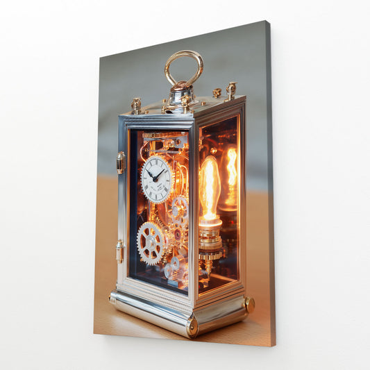 Glowing Carriage Clock Steampunk Art – angled canvas view on white background