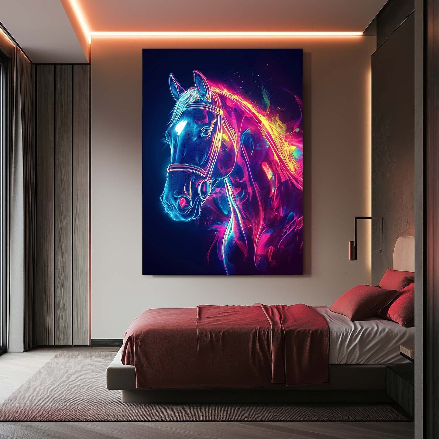 Glowing Horse Artwork – angled canvas view on white background