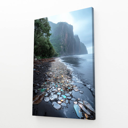 Glowing Pebble Shore Coastal Wall Art — photography canvas print, angled canvas view on white background