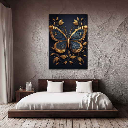 Gold Butterfly Wall Art — 3d canvas print in blue tones, view 3