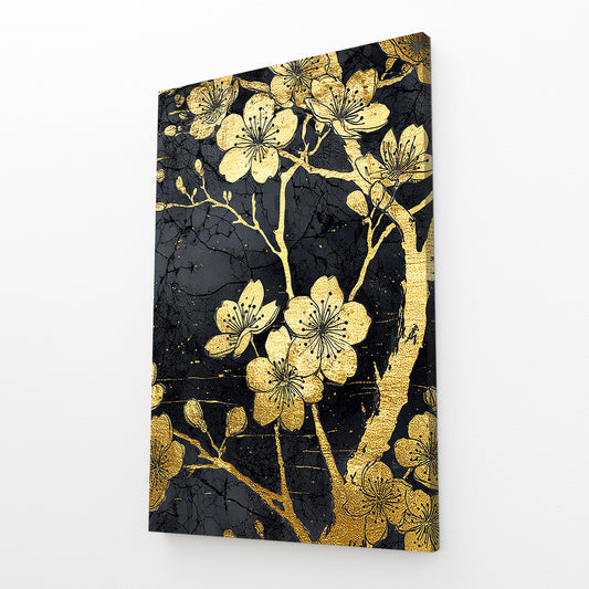 Gold Leaf Blooms Cherry Blossom Prints – angled canvas view on white background