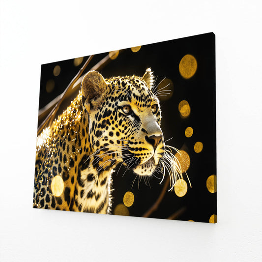 Golden Bokeh Glow Leopard Canvas Art – angled canvas view on white background