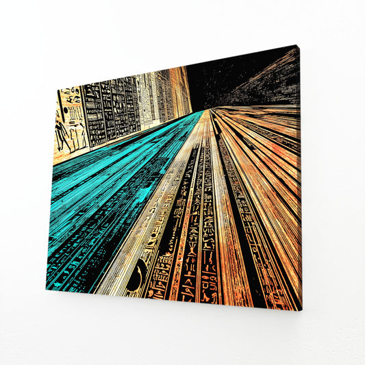 Golden Corridor Abstract Egyptian Canvas Art – angled canvas view on white background
