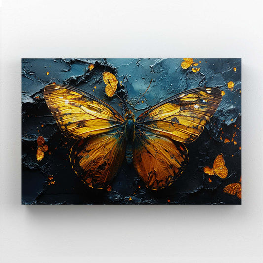 Golden Ember Butterfly Wall Art — 3d canvas print in blue tones