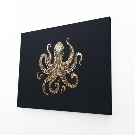 Golden Emblem Octopus Wall Art – angled canvas view on white background