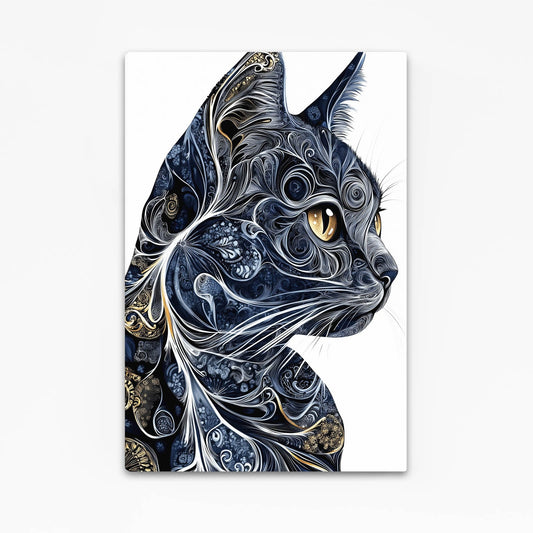 Golden Eyes Ornamental Cat Art — art deco canvas print in blue tones, angled canvas view on white background