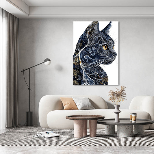 Golden Eyes Ornamental Cat Art — abstract canvas print in blue tones, view 3