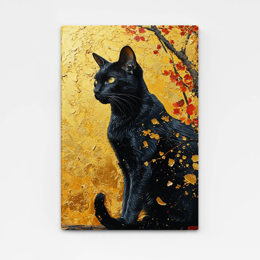 Golden Gaze Cat Wall Art — digital canvas print in gold tones, angled canvas view on white background