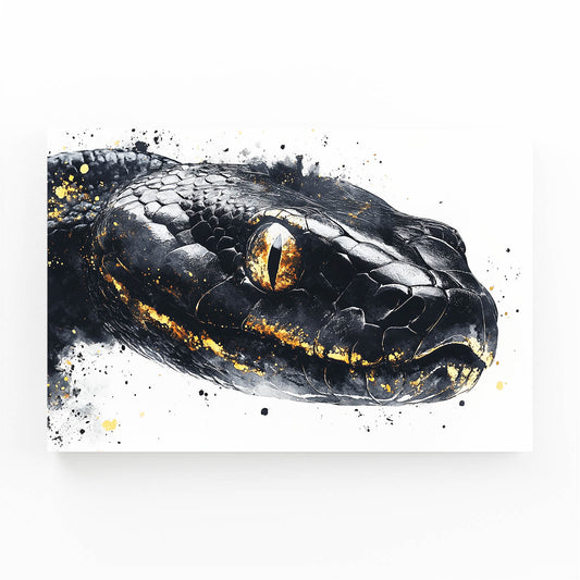 Golden Ink Splash Snake Wall Art — contemporary canvas print, angled canvas view on white background