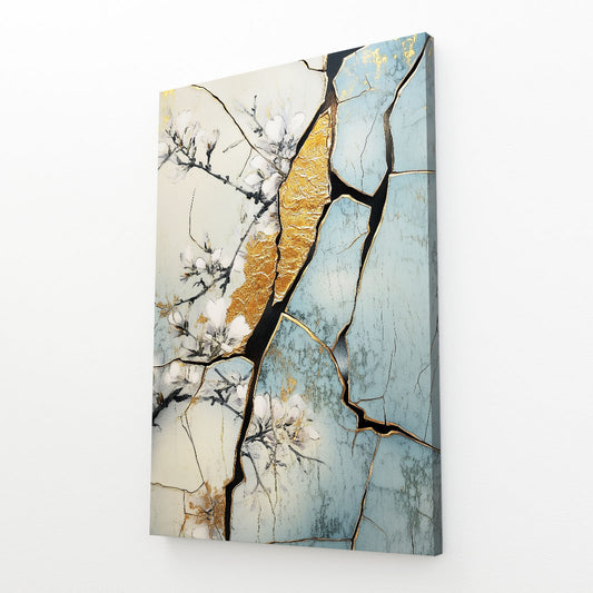 Golden Kintsugi Cherry Blossom Wall Art – angled canvas view on white background