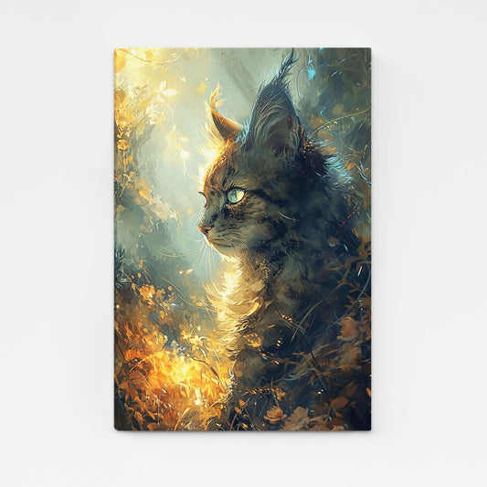 Golden Light Cat Art — digital canvas print in white tones, angled canvas view on white background