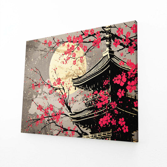 Golden Moon Temple Cherry Blossom Art – angled canvas view on white background