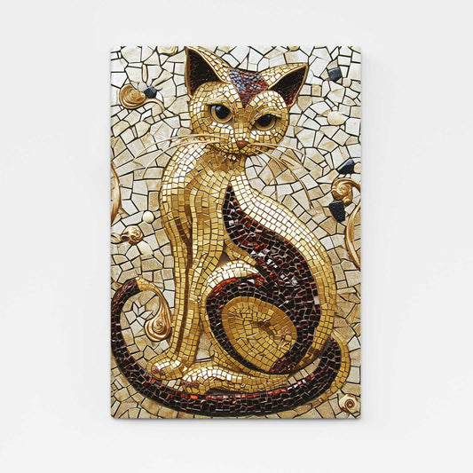Golden Mosaic Cat Print Art — mosaic canvas print in orange tones, angled canvas view on white background