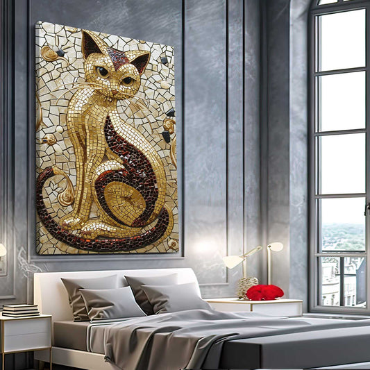 Golden Mosaic Cat Print Art — mosaic canvas print in orange tones, view 3