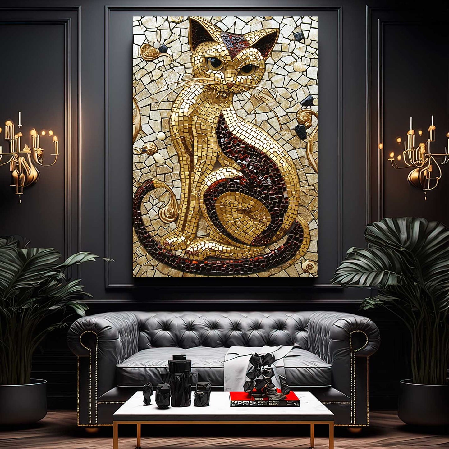 Golden Mosaic Cat Print Art