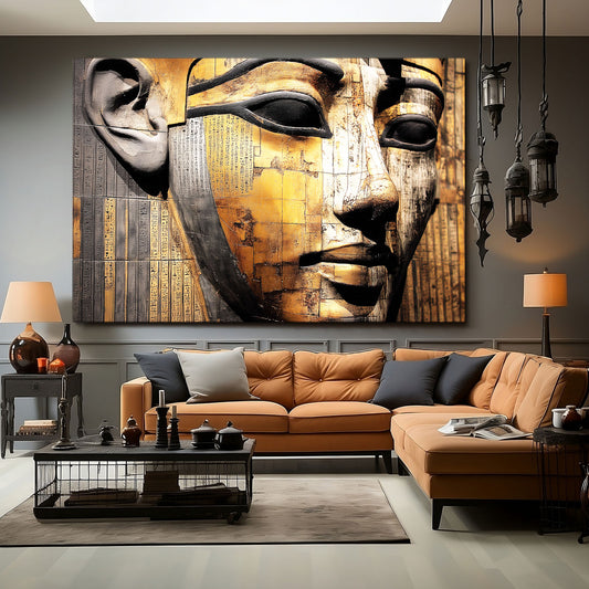 Golden Pharaoh Face Egyptian Wall Decor – styled in a furnished interior