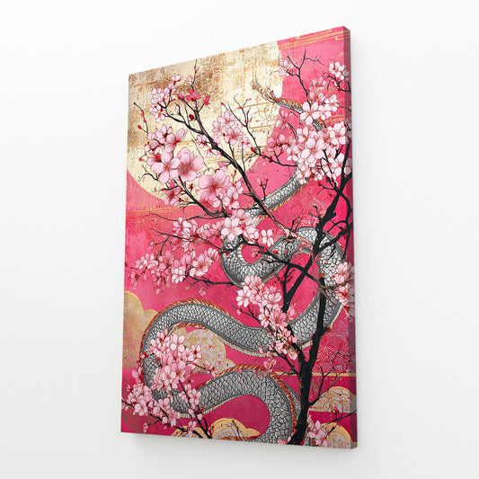 Golden Serpent Branch Cherry Blossom Art – angled canvas view on white background